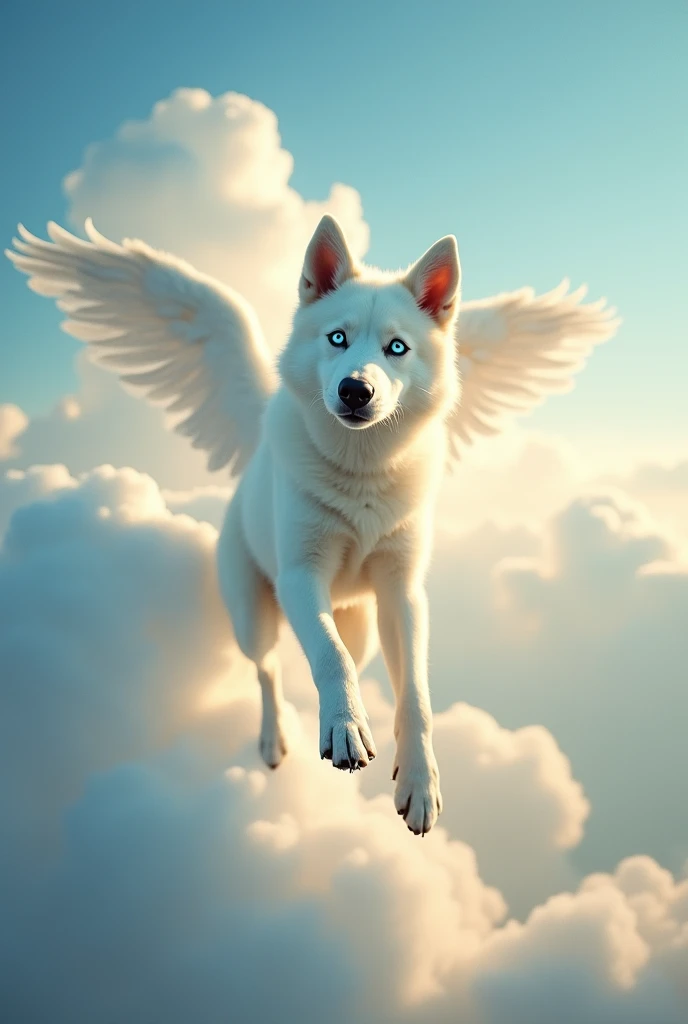 Thin white husky dog. has blue eyes. It levitates towards the blue sky like an angel. It has no wings. It goes to the other life. the image transmits peace, peace and hope.