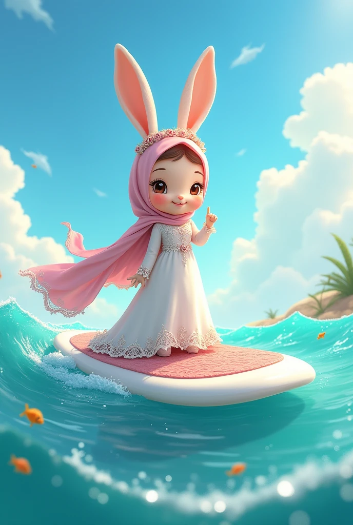 A cute little rabbit cartoon character wearing a hijab, in a wedding dress, holding a SUP paddle board, paddling a SUP board in the sea.