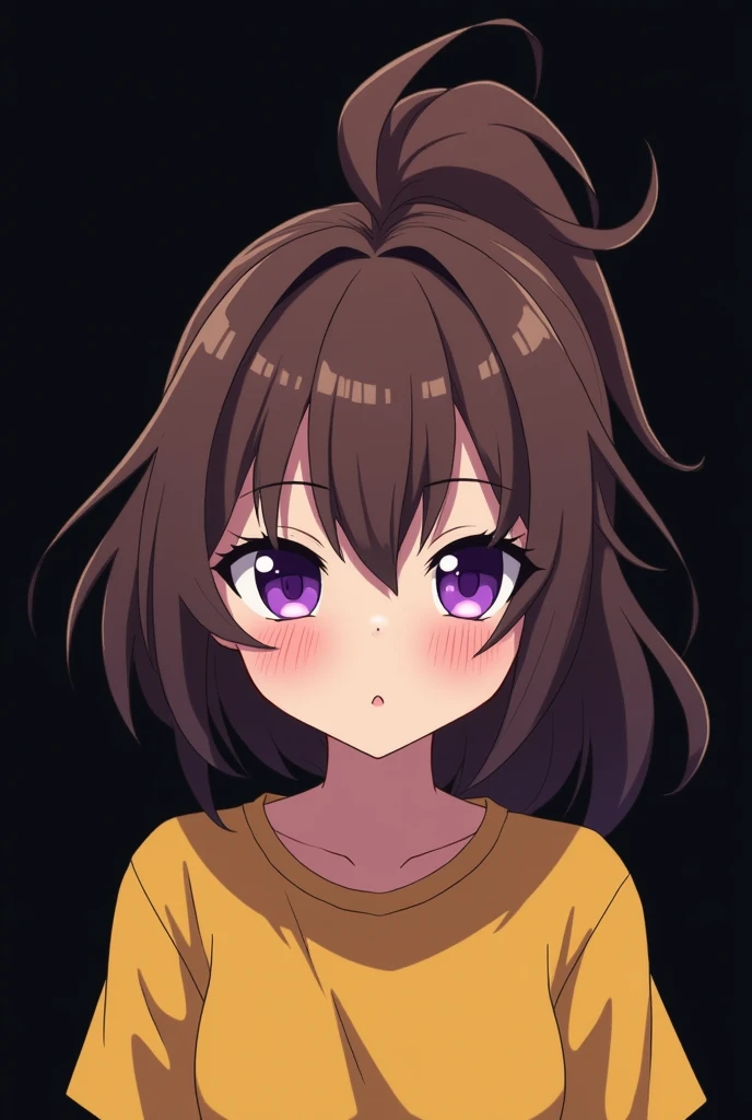 Gamer , black background , Anime girl , brown hair colour , ponytail hair style , yellow T-shirt , purple eyes , empty eye lens , uncaring eye , chibi , blush , serious look