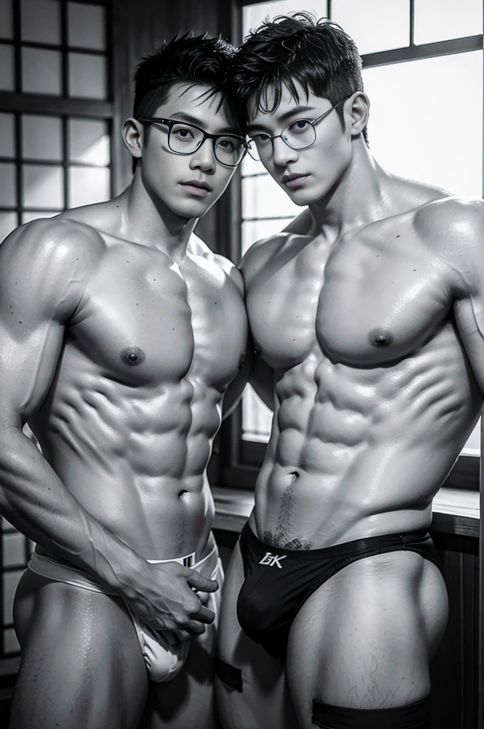 a couple of two stylish glasses boys, two boys skinships of love, stylish glasses gays, tight thongs with huge bulges, artistic glasses slendermusclemen, big bulges, male focus, muscular, abs, pecs, navels, feet, gays sexy skinships, sweaty, gays love relaxing, cum in swimbriefs, huge bulges, thongs, yellow underwears, two japanese boys, at a onsen, well built, Asian gay lovers, Age 25, twinks, Hot Guys, muscular, macho, short-haired, NSFW, Large bulge, Realistic bulges, Bulges with a clear shape, lotion, Real texture, love passion, realistic, masterpiece, intricate details, detailed background, depth of field, (8K, RAW photo, Highest quality),Realistic, Intricate details, Soft lighting, Cinematic lighting, Digital SLR, hyper quality, Fujifilm XT3, Crystal clear, 8K UHD, High detail, Ultra photo realsisim, haar, intricate details, detailed background, depth of field, (Masterpiece,Best quality:1.5), ((Realistic skin), ((pores)), ((highdetailskin)), volumettic light,