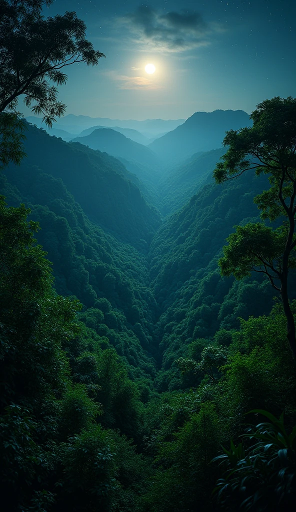 A high-angle view of a jungle at night, taken from an elevated position looking down through the layers of the forest. The scene is dimly lit by the moon, casting an ethereal glow over the dense foliage. The view reveals the complex structure of the jungle, with shadows and patches of light interspersed throughout. The sounds of the night — insects buzzing, leaves rustling, and animals calling — fill the air, creating a symphony of natural sounds. The high-angle perspective captures the depth and density of the jungle, where every sound seems to echo through the darkness.