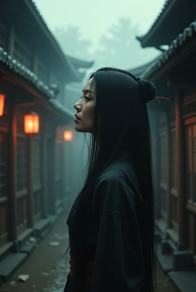 beheaded person in ancient China, realist, profile view, and detailed, and that it looks like she was beheaded