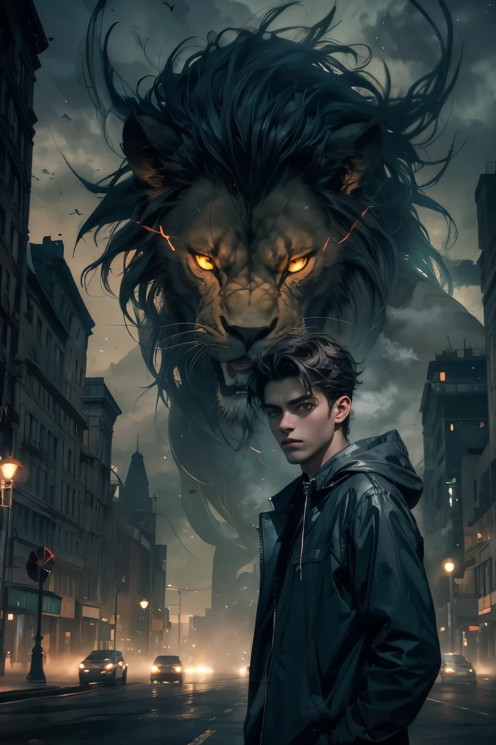 A beautiful man. Eighteen years old. He is looking at the camera with a serious expression. A dark fog is surrounding them. In the space behind him, there is a gigantic monster with the face of a lion and the body of a bat. The monster is standing on the city road.