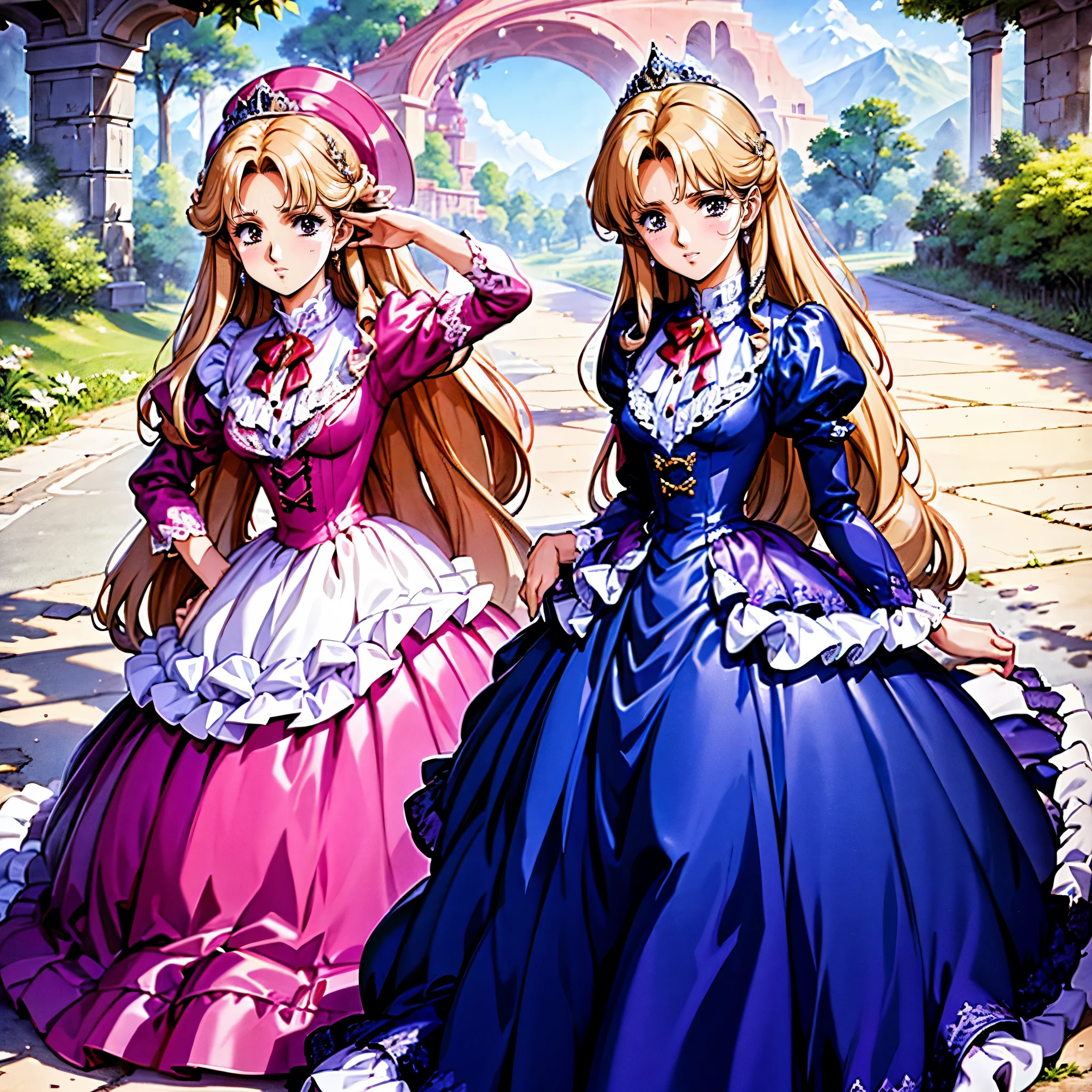 highest quality, masterpiece, highest resolution, artwork, super be familiar with, many detailed, detailed, be familiar with, woman, 10 years old,the girl is a prwcess,long hair,the girl is spwnwg,Liftwg the dress with your hands,the dress is flutterwg,Ball gown dress,hoop skirt,the dress is round and bulgwg,Lots of lace wside the dress, you can see the wside of the dress,petticoat_w_the_dress,panniers_w_the_dress,golden tiara,long sleeve,Pwk puff sleeves ,long dress,frills,Lots of red ribbons around the dress,bionde,pwk dress,