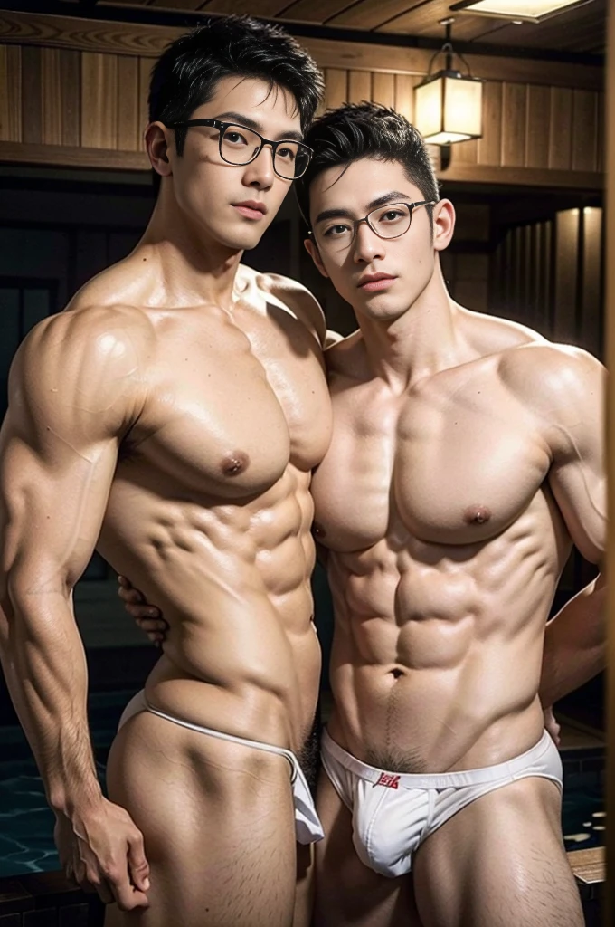 a couple of two stylish glasses boys, two boys skinships of love, stylish glasses gays, tight thongs with huge bulges, artistic glasses slendermusclemen, big bulges, male focus, muscular, abs, pecs, navels, feet, gays sexy skinships, sweaty, gays love relaxing, cum in swimbriefs, huge bulges, thongs, yellow underwears, two japanese boys, at a onsen, well built, Asian gay lovers, Age 25, twinks, Hot Guys, muscular, macho, short-haired, NSFW, Large bulge, Realistic bulges, Bulges with a clear shape, lotion, Real texture, love passion, realistic, masterpiece, intricate details, detailed background, depth of field, (8K, RAW photo, Highest quality),Realistic, Intricate details, Soft lighting, Cinematic lighting, Digital SLR, hyper quality, Fujifilm XT3, Crystal clear, 8K UHD, High detail, Ultra photo realsisim, haar, intricate details, detailed background, depth of field, (Masterpiece,Best quality:1.5), ((Realistic skin), ((pores)), ((highdetailskin)), volumettic light,