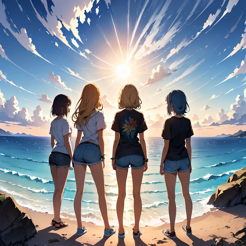 official art, unified 8k wallpaper, super detailed, masterpiece, Best image quality，super wide angle，((mid-summer))，noon, (four slim girls are standing side by side:1.4), (standing far away:1.6), black t-shirt and jeans shorts, rock stars, Standing in the tropical beach，(Backlit:1.6), water is like a mirror，reflecting the sky, look up to the sky，blue sky, white cloud，blue ocean, sunshine, Dynamic angle, grace, bright colors, from behind