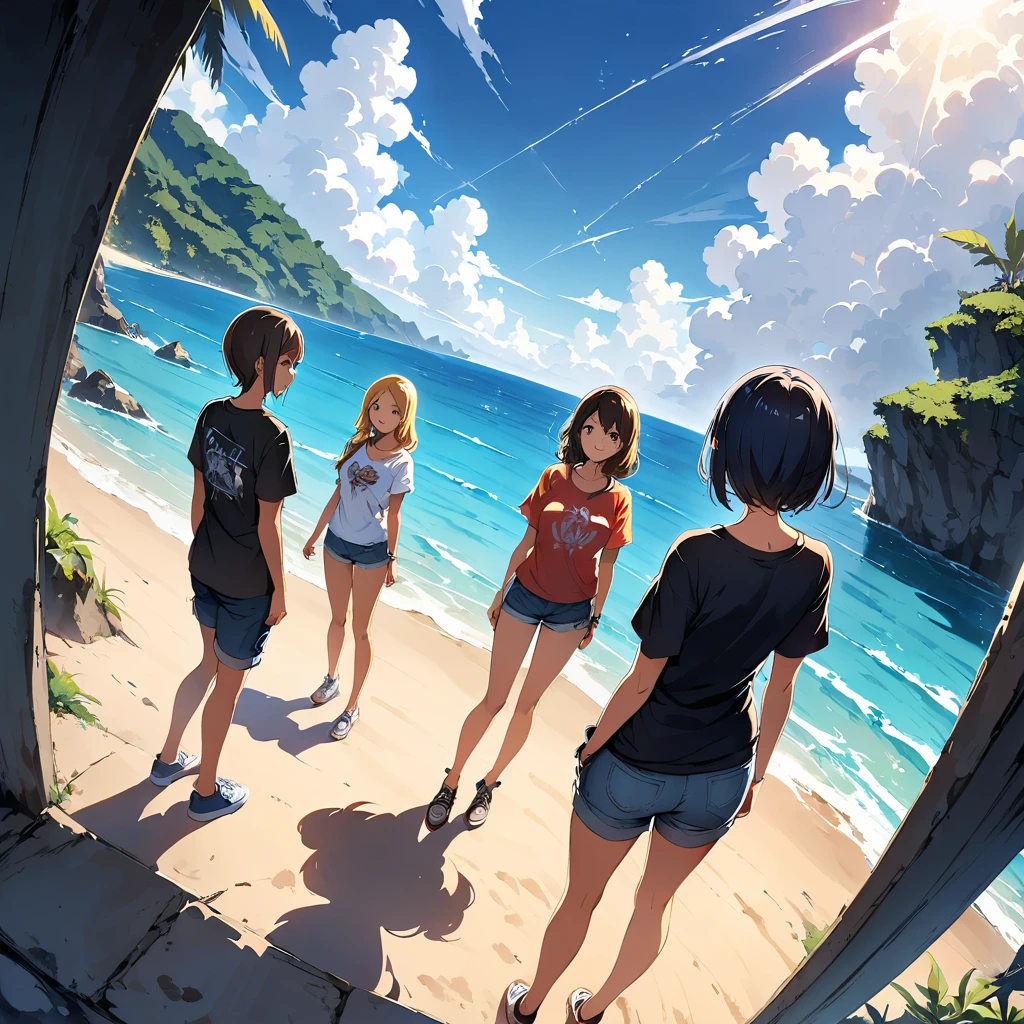 official art, unified 8k wallpaper, super detailed, masterpiece, Best image quality,super wide angle,((mid-summer)),noon, (four slim girls are standing side by side:1.4), (standing far away:1.6), black t-shirt and jeans shorts, rock stars, Standing in the tropical beach,(Backlit:1.6), water is like a mirror,reflecting the sky, look up to the sky,blue sky, white cloud,blue ocean, sunshine, Dynamic angle, grace, bright colors, from behind