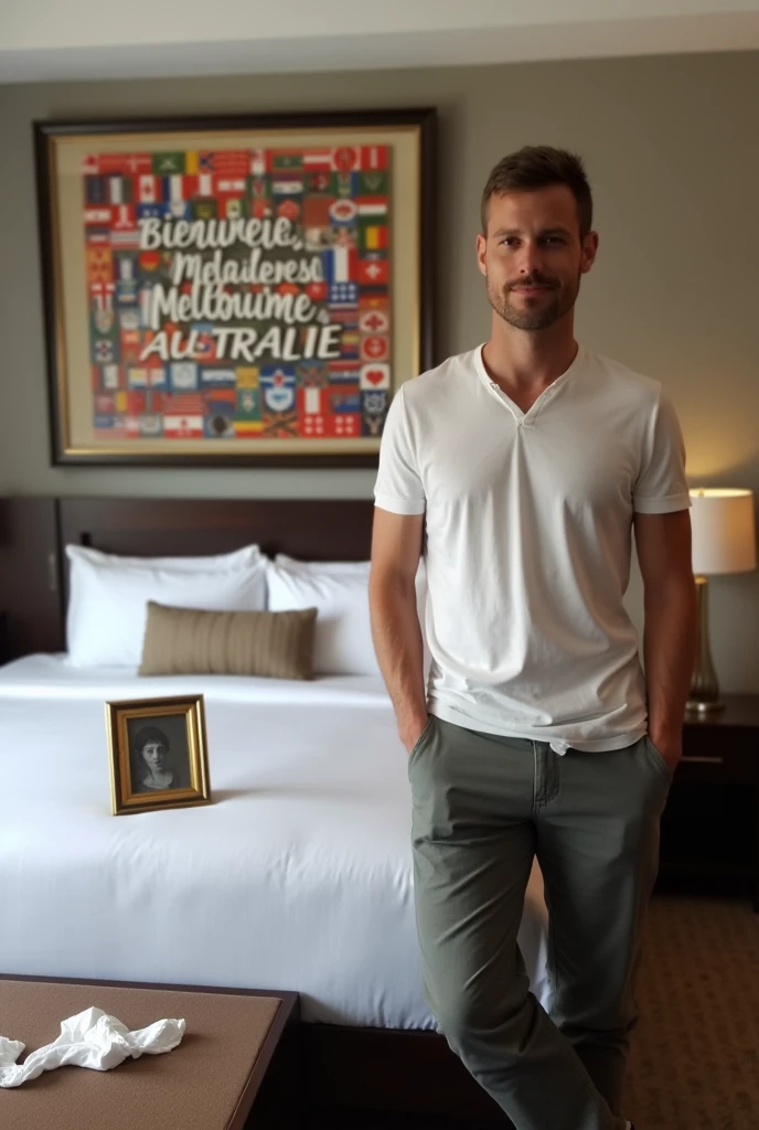 Homme caucasien grand de taille, charmant, un peu costaud, habillé en pantalon et tee-shirt manche longue, assis ou adossé sur une table dans une grande chambre d'hôtel, sur la table qu'il y ait également un papier mouchoir déjà utilisé sur la table et sur le lit de l'hôtel qu'il soit déposer un cadre photo grand ou moyen qu'il est possible de faire arrêter sur le lit et faire face à la caméra et sur le mur du chevet du lit un tableau sur lequel il est écrit en français : Bienvenue à Melbourne AUSTRALIE et autour de la phrase qu'il y ait les emblèmes du Canada Québec ou le drapeau du Canada Québec