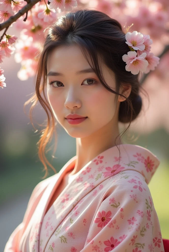 An elegantly dressed Japanese woman in natural light、A close-up of her chest and calm expression.、It shows her inner peace and outer charm.。