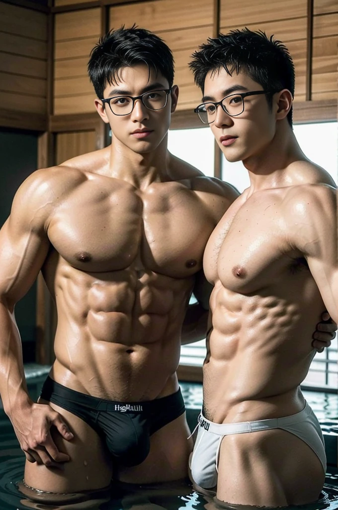 a couple of two stylish glasses boys, two boys skinships of love, stylish glasses gays, tight thongs with huge bulges, artistic glasses slendermusclemen, big bulges, male focus, muscular, abs, pecs, navels, feet, gays sexy skinships, sweaty, gays love relaxing, cum in swimbriefs, huge bulges, thongs, yellow underwears, two japanese boys, at a onsen, well built, Asian gay lovers, Age 25, twinks, Hot Guys, muscular, macho, short-haired, NSFW, Large bulge, Realistic bulges, Bulges with a clear shape, lotion, Real texture, love passion, realistic, masterpiece, intricate details, detailed background, depth of field, (8K, RAW photo, Highest quality),Realistic, Intricate details, Soft lighting, Cinematic lighting, Digital SLR, hyper quality, Fujifilm XT3, Crystal clear, 8K UHD, High detail, Ultra photo realsisim, haar, intricate details, detailed background, depth of field, (Masterpiece,Best quality:1.5), ((Realistic skin), ((pores)), ((highdetailskin)), volumettic light,