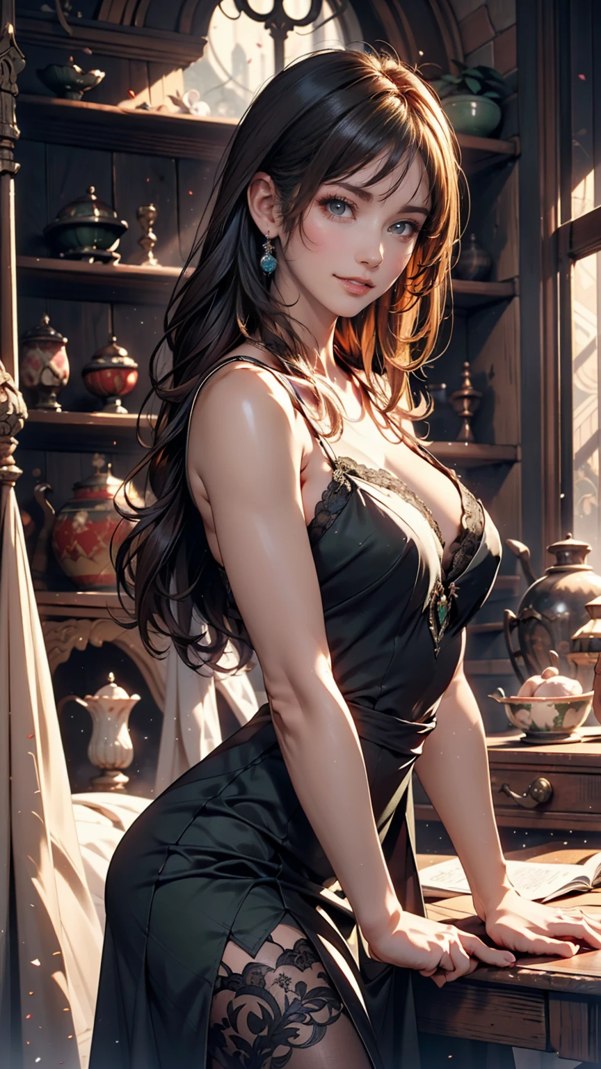 1 person, heroine,sexly、Spilled ink background、, Black Hair, Floating Hair, Delicate eyes, Black and green antique dress, Fob, (1 1 1.8), (masterpiece), (Portrait Shot), Front shot, Stiletto heels、smile