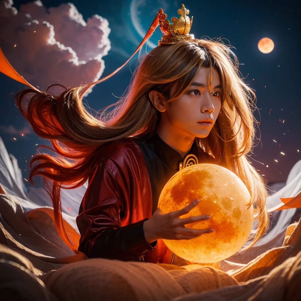 Itadakimasu,cute,Rahu Omchan,Black body wearing a Thai-style golden crown,Long white hair flowing behind,Holding a red moon with red light shining on the clouds,ตัวราหูcute,Rahu child,agent mix anime,, big head,Model art toy, Realistic,3d