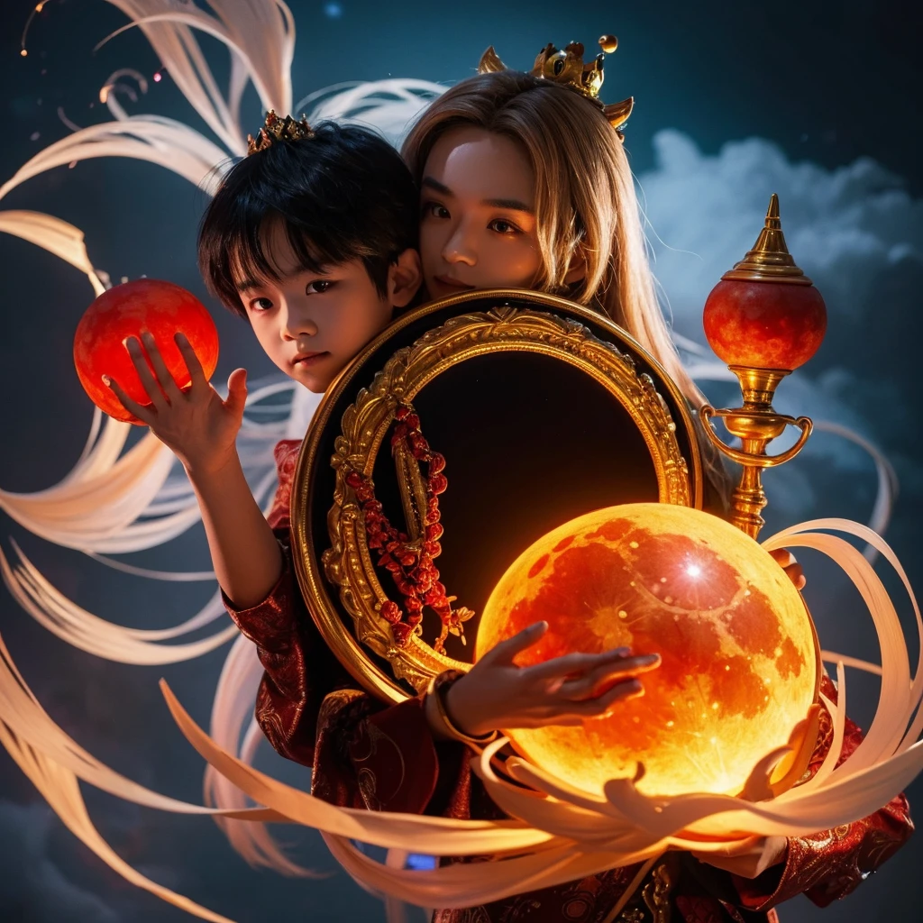 Itadakimasu,cute,Rahu Omchan,Black body wearing a Thai-style golden crown,Long white hair flowing behind,Holding a red moon with red light shining on the clouds,ตัวราหูcute,Rahu child,agent mix anime,, big head,Model art toy, Realistic,3d