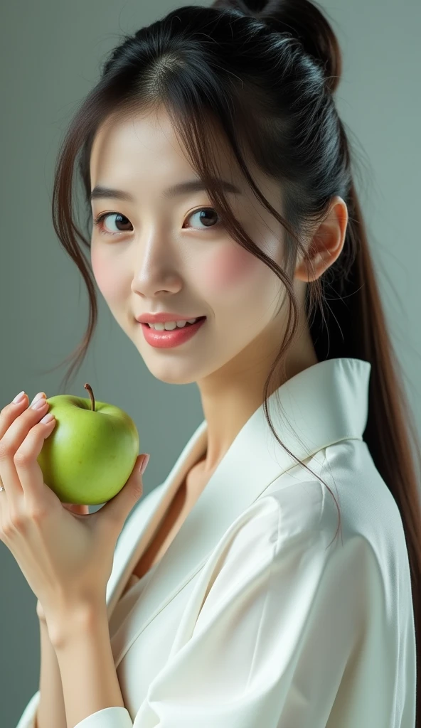 A long-haired Japanese woman with her hair tied back, wearing a white isshou, holding a green apple, HD, 4k,realistic ,long shot angle,full subject