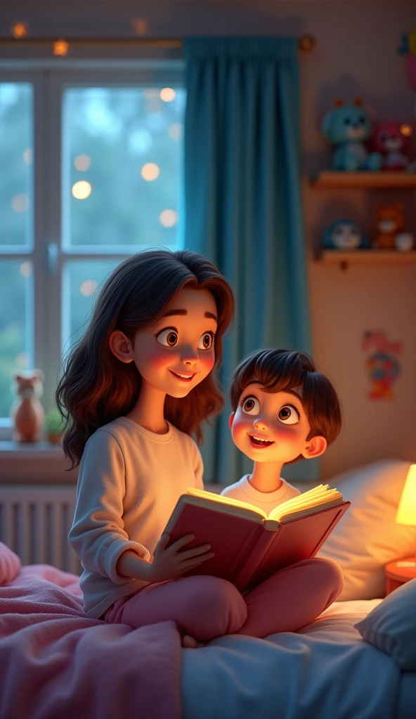 Mom tells story to s ??? in bed ,3d cartoon image 