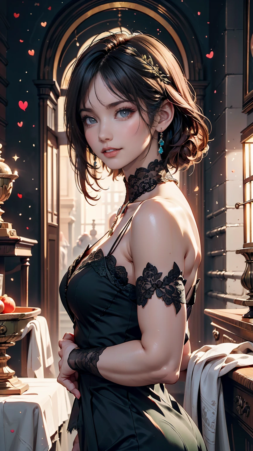 1 person, heroine,sexly、Spilled ink background、, Black Hair, Floating Hair, Delicate eyes, Black and green antique dress, Fob, (1 1 1.8), (masterpiece), (Portrait Shot), Front shot, Stiletto heels、smile