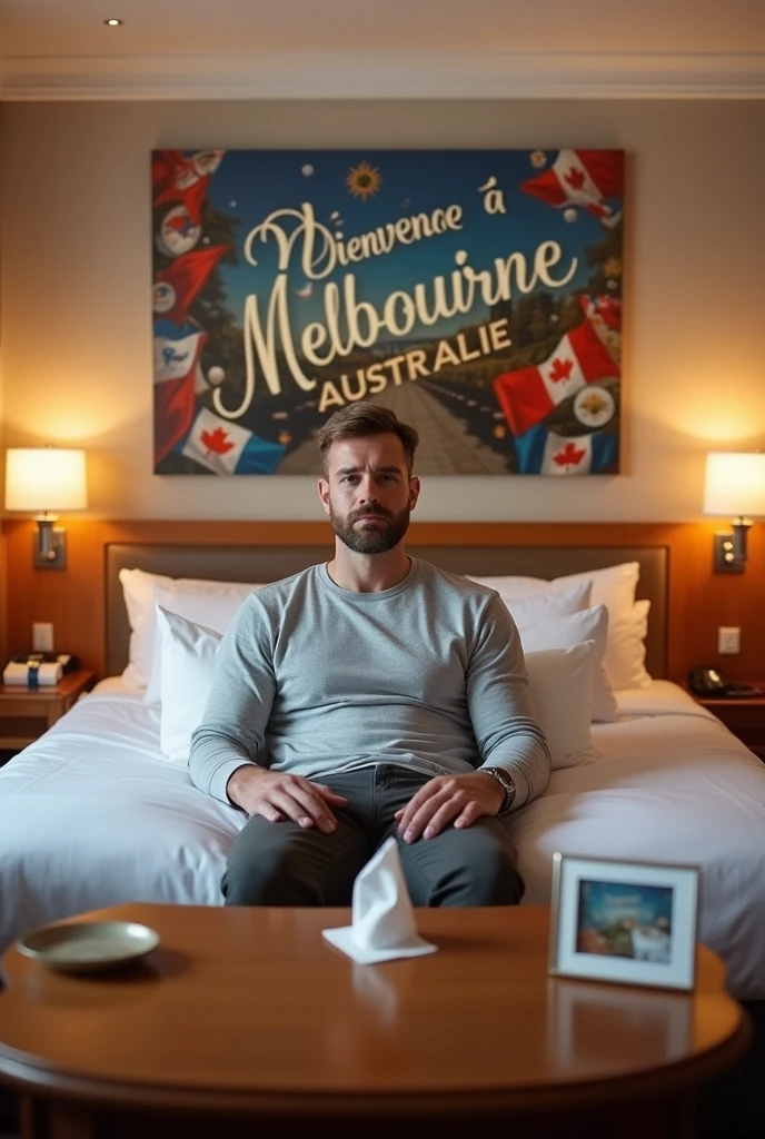 Homme caucasien grand de taille, charmant, un peu costaud, habillé en pantalon et tee-shirt manche longue, is ou adossé sur une table dans une grande chambre d'hôtel, sur la table qu'il y ait également un papier mouchoir déjà utilisé sur la table et sur le lit de l'hôtel qu'il soit déposer un cadre photo grand ou moyen qu'il est possible de faire arrêter sur le lit et faire face à la caméra et sur le mur du chevet du lit un tableau sur lequel il est écrit en français : Bienvenue à Melbourne AUSTRALIE et autour de la phrase qu'il y ait les emblèmes du Canada Québec ou le drapeau du Canada Québec