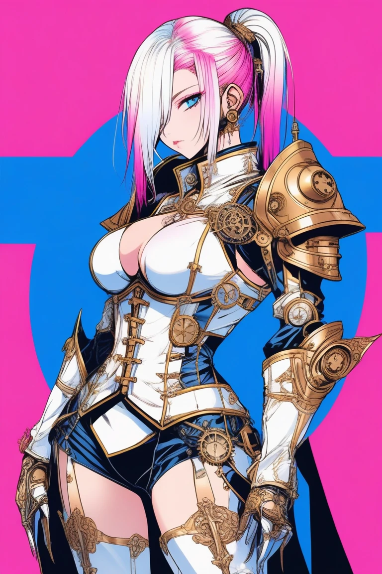 Illustrator, anime , Realistic ,sketch , 1 person, model, Age 25, lip, Revealing White and gold steampunk priest armor suit(Holy Spear), order, Blue and pink gradient background, Neon Medium Hair, Big Breasts, Her cleavage is visible, look back, Upper Body, Sexy look, Texture Trim, Russian, (masterpiece,Highest quality)