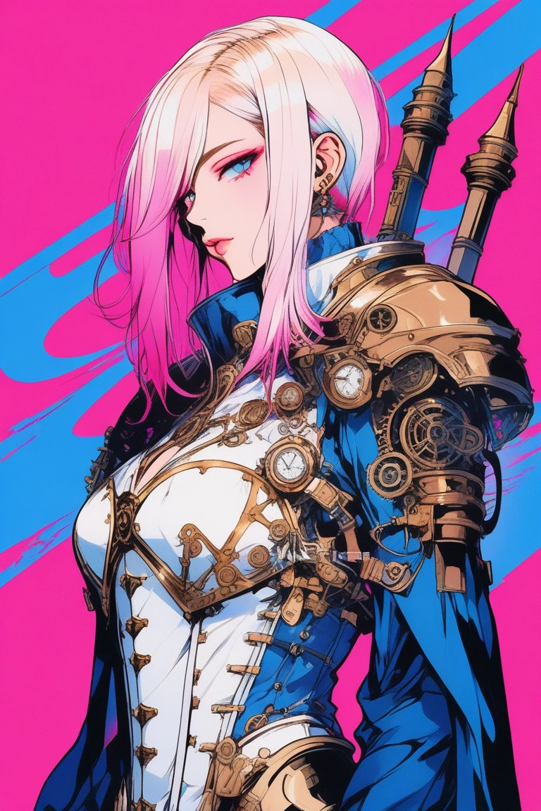 Illustrator, anime , Realistic ,sketch , 1 person, model, Age 25, lip, Revealing White and gold steampunk priest armor suit(Holy Spear), order, Blue and pink gradient background, Neon Medium Hair, Big Breasts, Her cleavage is visible, look back, Upper Body, Sexy look, Texture Trim, Russian, (masterpiece,Highest quality)