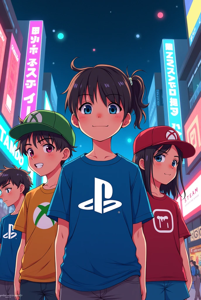 Une fille le logo PlayStation. I'm with a boy who wears the Xbox logo, a girl who wears the Nintendo logo, and a boy friend who wears the Steam logo, manga version.