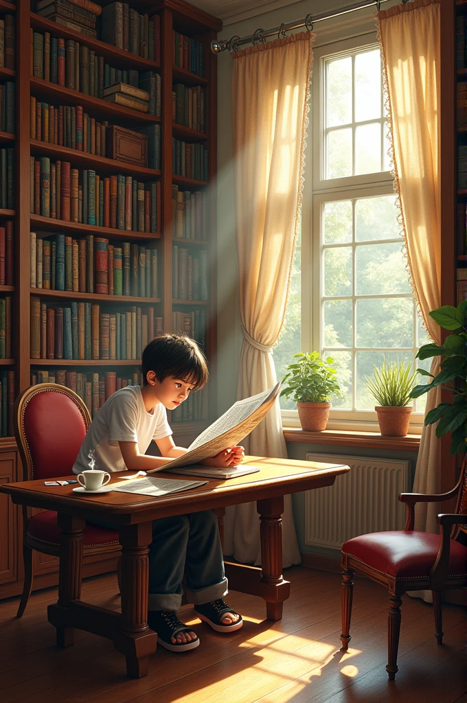 Study general books, newspaper etc by showing a person in Young age a well decorated books room, reading newspaper and books on table
