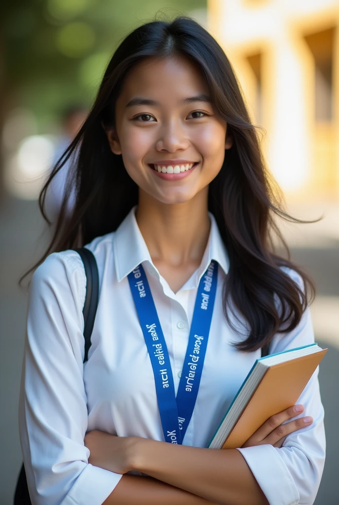 (Masterpiece),(complication:1.3),(The most realistic),((not revealing or provocative)),(Dress appropriately and neatly.),(A student), A portrait of a woman, 18 years old, beautiful face, beautiful faceแบบไทย ,long black hair ,smiling and happy, holding a notebook, Thai person ((wearing a white long-sleeved collared shirt)), ((Wear a blue lanyard with white lettering that says "kalasin Vacational School")), ((The man in the blue necktie ,The tie has only two colors: light blue for the tie itself and dark blue for the stripes.)) Dressed simply,warm light, weak sunlight, professional photographer for detailed photos, Have clarity, dramatic, Awarded first prize, Cinematic lighting, (film grain,A blurry background, Blurred background, bokeh, depth of fied)
,(Children under 18 years old can watch.)