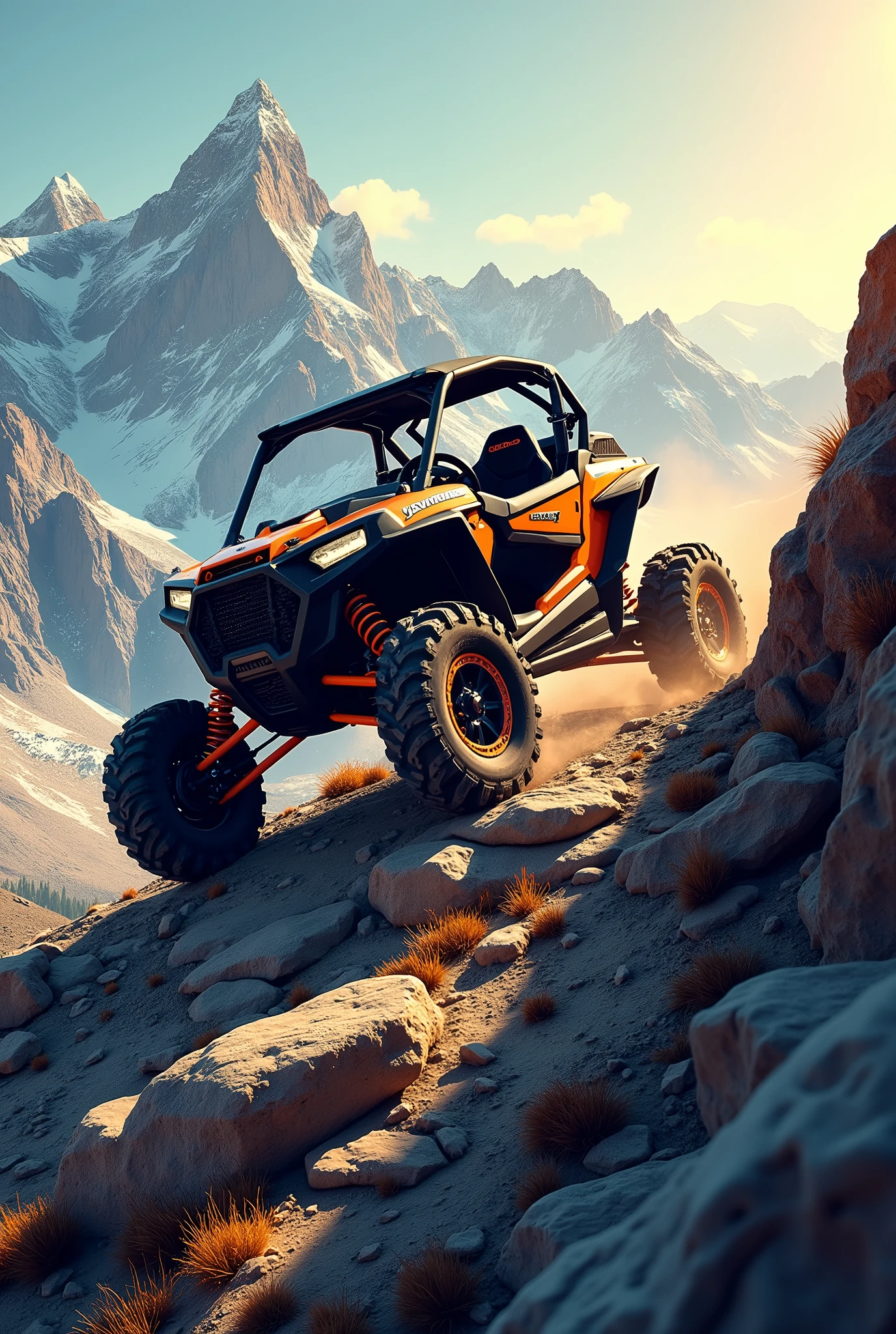 Create a logo of a RZR going up a mountain and that my name is 'A Por Todo'