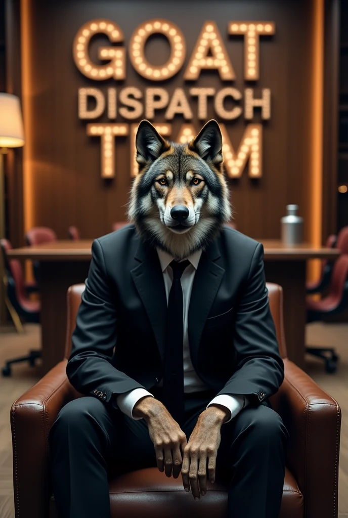 Serious wolf with suit sitting on chair in the office under the letter of "GOAT DISPATCH TEAM"
