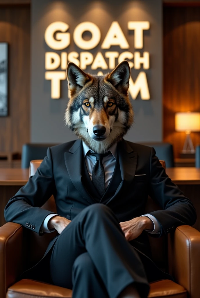 Serious wolf with suit sitting on chair in the office under the letter of "GOAT DISPATCH TEAM"