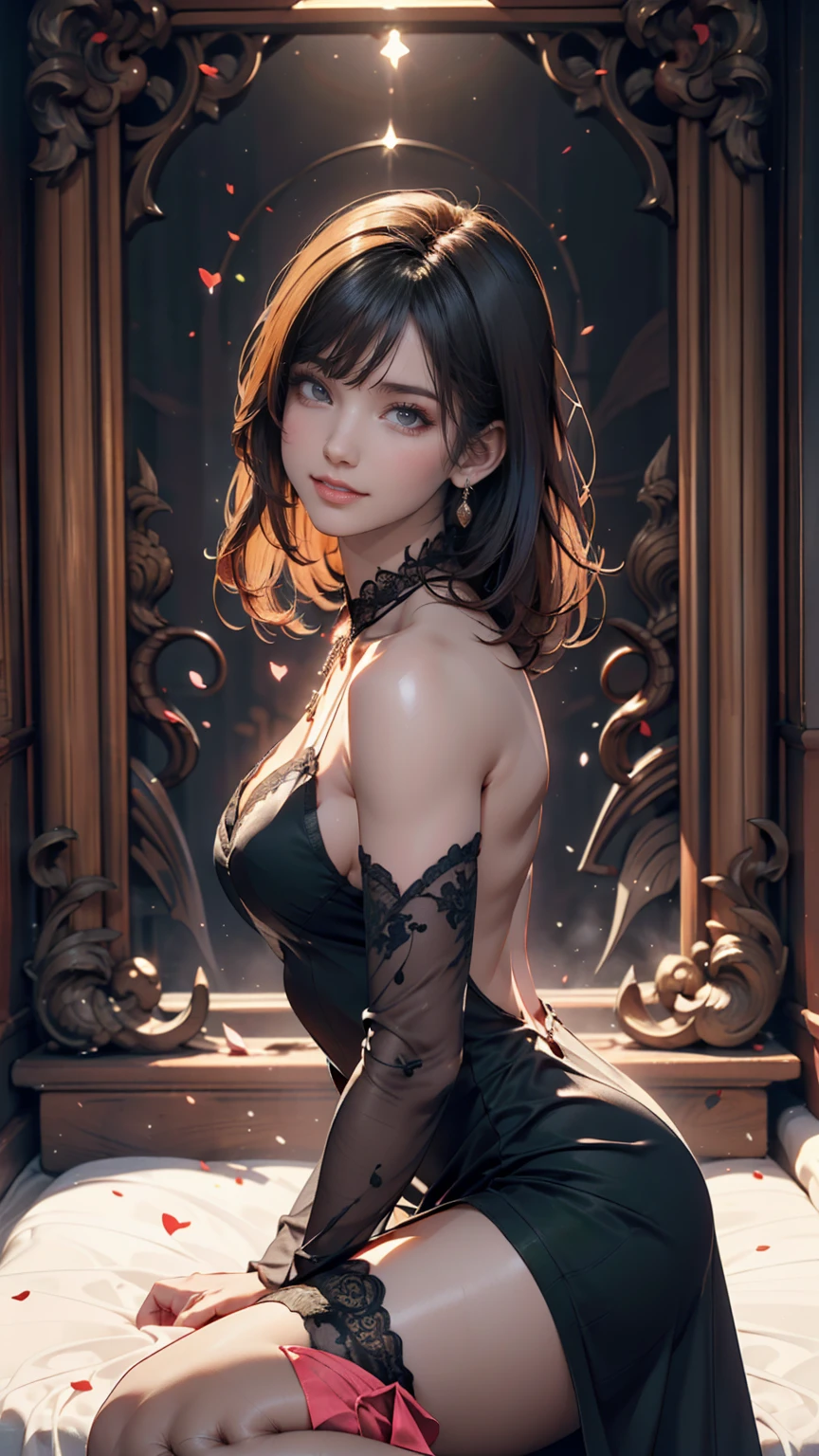 1 person, heroine,sexly、Spilled ink background、, Black Hair, Floating Hair, Delicate eyes, Black and green antique dress, Fob, (1 1 1.8), (masterpiece), (Portrait Shot), Front shot, Stiletto heels、smile