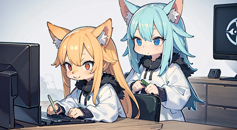 Cute animals working on their computers　The body is human　male　1 person　 Illustration high quality
