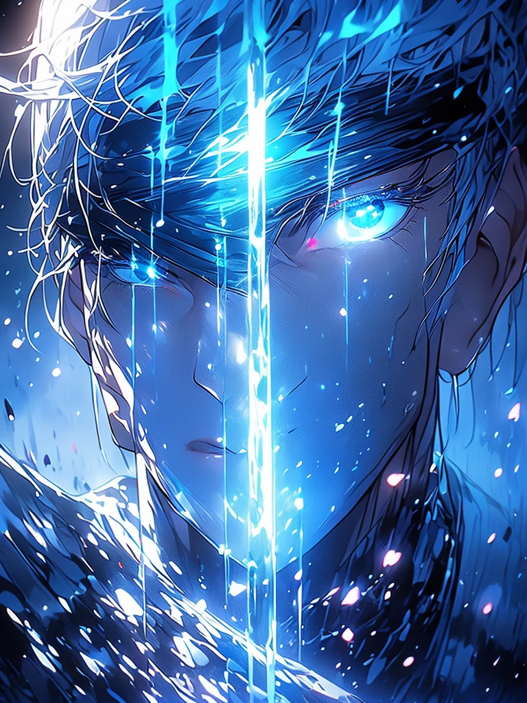 Saturo Gojo, wearing a blindfold, niji style, highest quality, night vision, 1 niji anime boy, beautiful detailed eyes, beautiful detailed lips, extremely detailed face, longeyela shes, white hair, blue eyes, black and blue outfit, glowing blue aura, detailed intricate background, dark night sky, glowing stars, moonlight, cinematic lighting, volumetric lighting, hyper-realistic, atmospheric, vibrant colors, surreal, dreamlike, fantasy, cinematic composition