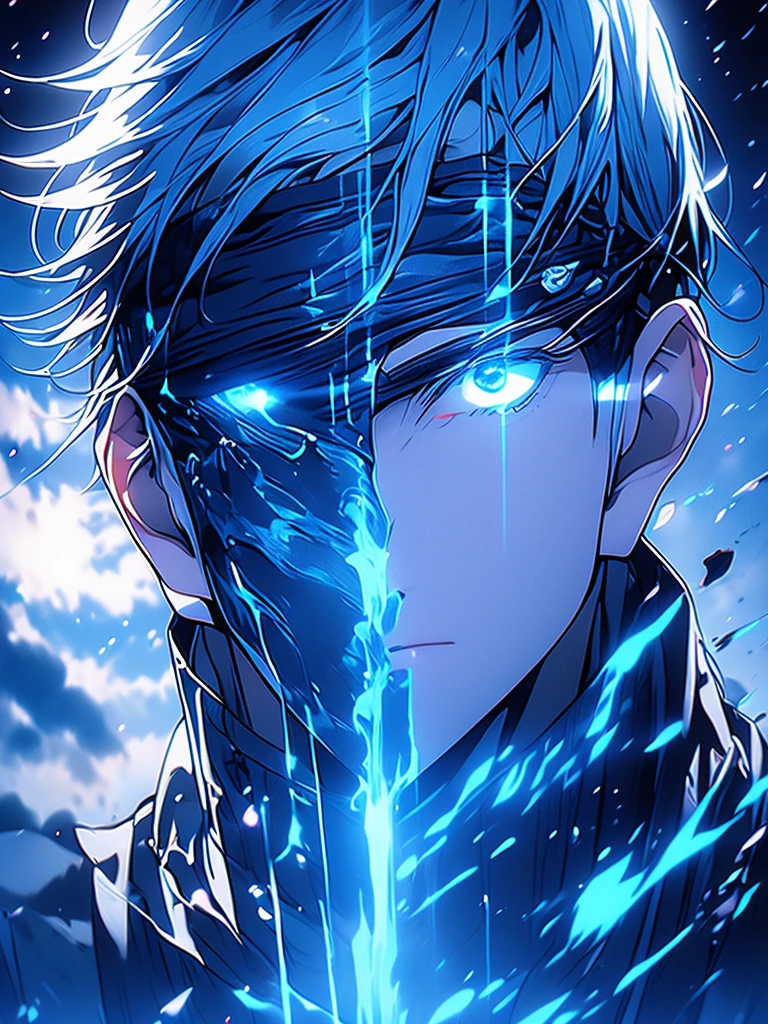 Saturo Gojo, wearing a blindfold, niji style, highest quality, night vision, 1 niji anime boy, beautiful detailed eyes, beautiful detailed lips, extremely detailed face, longeyela shes, white hair, blue eyes, black and blue outfit, glowing blue aura, detailed intricate background, dark night sky, glowing stars, moonlight, cinematic lighting, volumetric lighting, hyper-realistic, atmospheric, vibrant colors, surreal, dreamlike, fantasy, cinematic composition