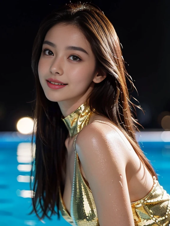 Latex bodysuit、Knee-high boots、Huge 、Long brown hair、Shiny, Oily skin、Glowing Skin、Indoor competition pool、White skin、 Body Portrait, 8k, Narrow and beautiful eyes, Dindal effect, masterpiece, 最high quality, high quality, High resolution, Very detailed photos, (Natural skin texture, Fine skin, Hyperrealism, Ultra Sharpness) , Skin with attention to detail, (Very fine, Fine skin texture, Intricate details, Beautiful Face, (A vivid face), Realistic eyes, Beautiful and detailed, Realistic Skin, Beautiful Skin, surreal, Very detailed, Golden Ratio, Smiling Eyes, ((Night moonlight background)), Body Portrait,  glamorous, Shiny Bodysuit