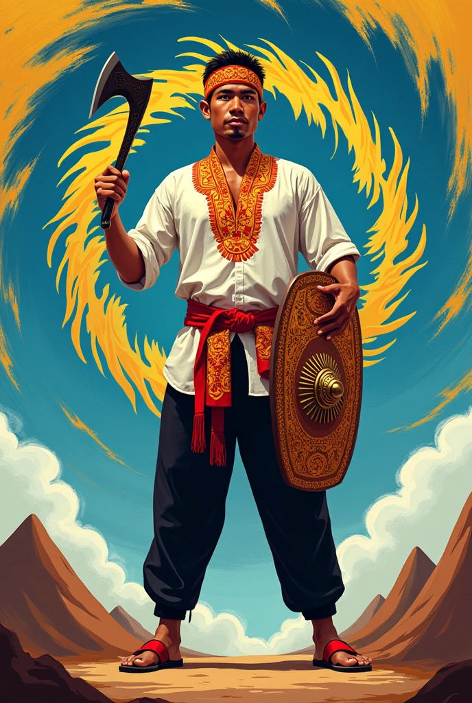 Hyperrealistic, 28-year-old Indonesian man dancing a war dancing, detailed and culturally rich illustration featuring the main character dressed in traditional Tobelo Maluku clothing and wear full Sundanese headband. The figure should be wearing a white shirt with intricate red and yellow details and black pants. In his left hand, the figure holds a Maluku ceremonial machete, while in his right hand he holds an elaborate traditional Maluku royal rectangular shield, symbolizing authority and leadership. His face is detailed, and his posture should convey confidence and readiness, with a slight forward lean. The background should include swirling blue and yellow patterns, suggesting movement or dance, and two brown mounds in the foreground that resemble hills or mountains. The overall look should exude cultural pride and leadership, emphasizing traditional elements and ceremonial objects. Use soft photographic lighting. overhead lighting, slide lighting, high quality photo, UHD, 64k. taken with Canon EOS 5D Mark IV, cinematic portrait,