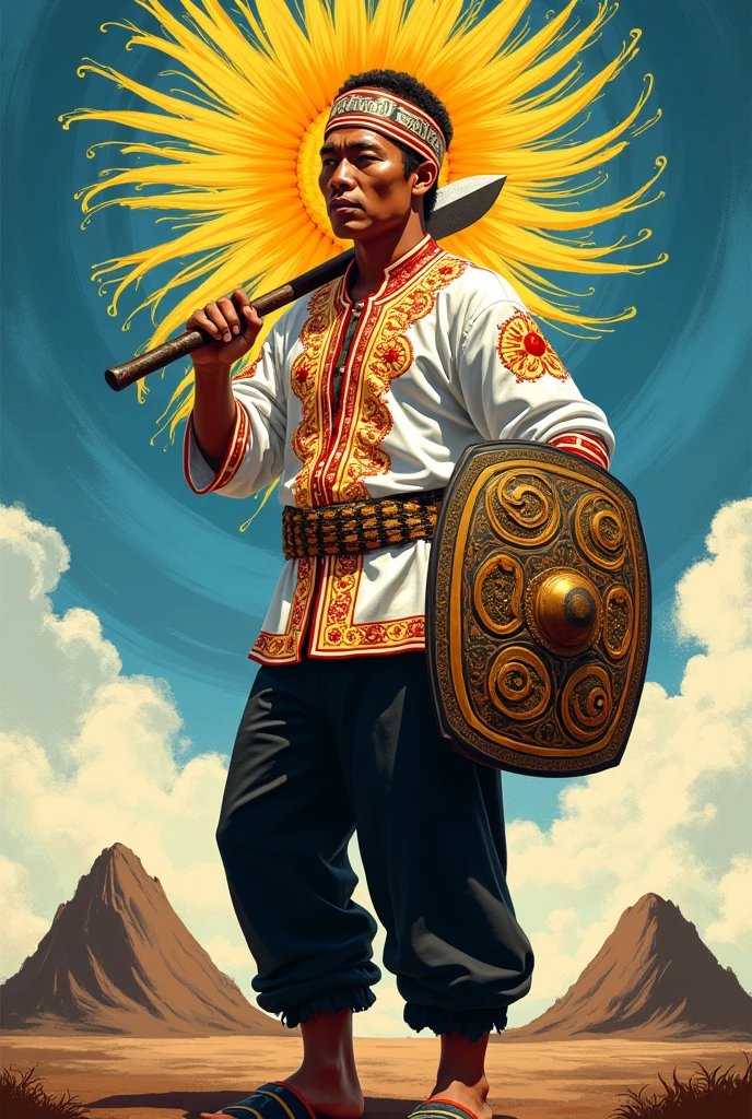 Hyperrealistic, 28-year-old Indonesian man dancing a war dancing, detailed and culturally rich illustration featuring the main character dressed in traditional Tobelo Maluku clothing and wear full Sundanese headband. The figure should be wearing a white shirt with intricate red and yellow details and black pants. In his left hand, the figure holds a Maluku ceremonial machete, while in his right hand he holds an elaborate traditional Maluku royal rectangular shield, symbolizing authority and leadership. His face is detailed, and his posture should convey confidence and readiness, with a slight forward lean. The background should include swirling blue and yellow patterns, suggesting movement or dance, and two brown mounds in the foreground that resemble hills or mountains. The overall look should exude cultural pride and leadership, emphasizing traditional elements and ceremonial objects. Use soft photographic lighting. overhead lighting, slide lighting, high quality photo, UHD, 64k. taken with Canon EOS 5D Mark IV, cinematic portrait,