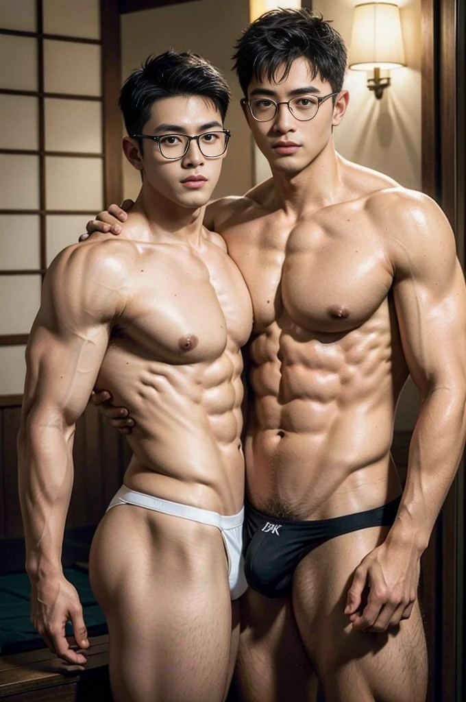 a couple of two stylish glasses boys, two boys skinships of love, stylish glasses gays, tight thongs with huge bulges, artistic glasses slendermusclemen, big bulges, male focus, muscular, abs, pecs, navels, feet, gays sexy skinships, sweaty, gays love relaxing, cum in swimbriefs, huge bulges, thongs,  yellow underwears, two japanese boys, at a onsen, well built, Asian gay lovers, Age 25, twinks, Hot Guys, muscular, macho, short-haired, NSFW, Large bulge, Realistic bulges, Bulges with a clear shape, lotion, Real texture, love passion, realistic, masterpiece, intricate details, detailed background, depth of field, (8K, RAW photo, Highest quality),Realistic, Intricate details, Soft lighting, Cinematic lighting, Digital SLR, hyper quality, Fujifilm XT3, Crystal clear, 8K UHD, High detail, Ultra photo realsisim, haar, intricate details, detailed background, depth of field, (Masterpiece,Best quality:1.5), ((Realistic skin), ((pores)), ((highdetailskin)), volumettic light,