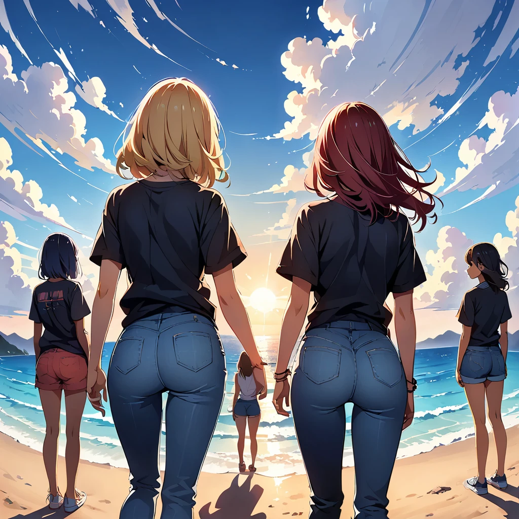 official art, unified 8k wallpaper, super detailed, masterpiece, Best image quality,super wide angle,((mid-summer)),noon, (five slim girls are standing side by side:1.4), (standing far away:1.6), black t-shirt and jeans shorts, rock stars, Standing in the tropical beach,(Backlit:1.6), water is like a mirror,reflecting the sky, look up to the sky,blue sky, white cloud,blue ocean, sunshine, Dynamic angle, grace, bright colors, from behind