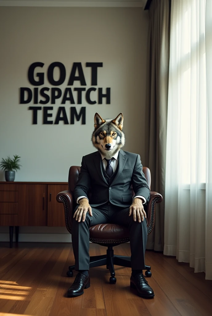 Serious wolf looking to the right side of the window with suit sitting on chair in the office under the letter of "GOAT DISPATCH TEAM"