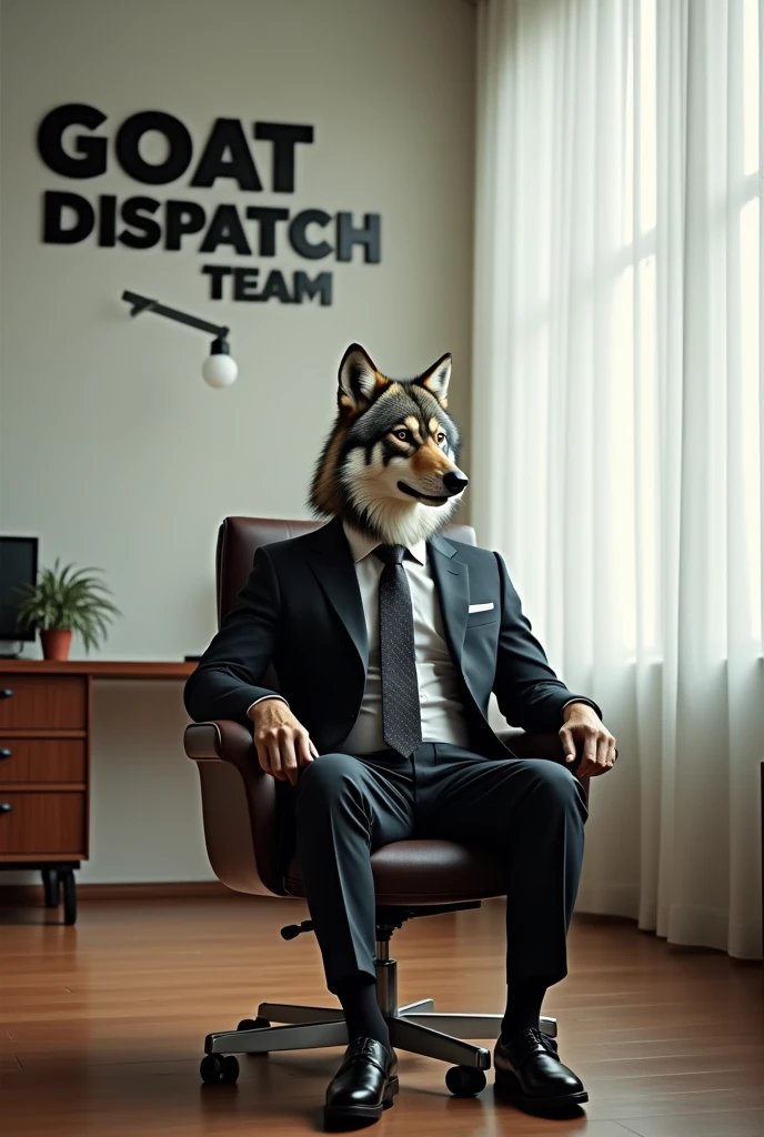 Serious wolf looking to the right side of the window with suit sitting on chair in the office under the letter of "GOAT DISPATCH TEAM"
