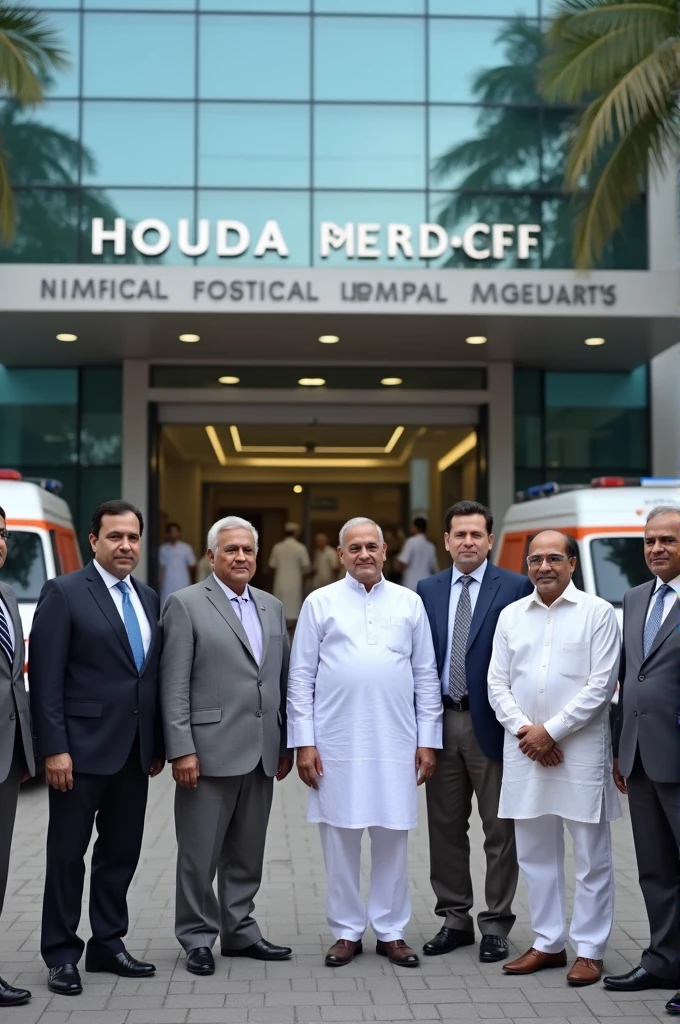 Create an image depicting a group of prominent Indian political leaders gathered in front of a hospital. The scene should feature:A realistic and detailed hospital exterior as the background.Prominent political figures from India, depicted in a respectful and realistic manner. Ensure they are dressed in formal attire and are arranged in a way that reflects their positions of authority.The leaders should be positioned as if they are discussing or engaged in serious conversation, to convey a sense of importance and gravity.The setting should include relevant details such as hospital signage and an official-looking environment.Ensure the image is respectful and maintains the dignity of the individuals and the setting.