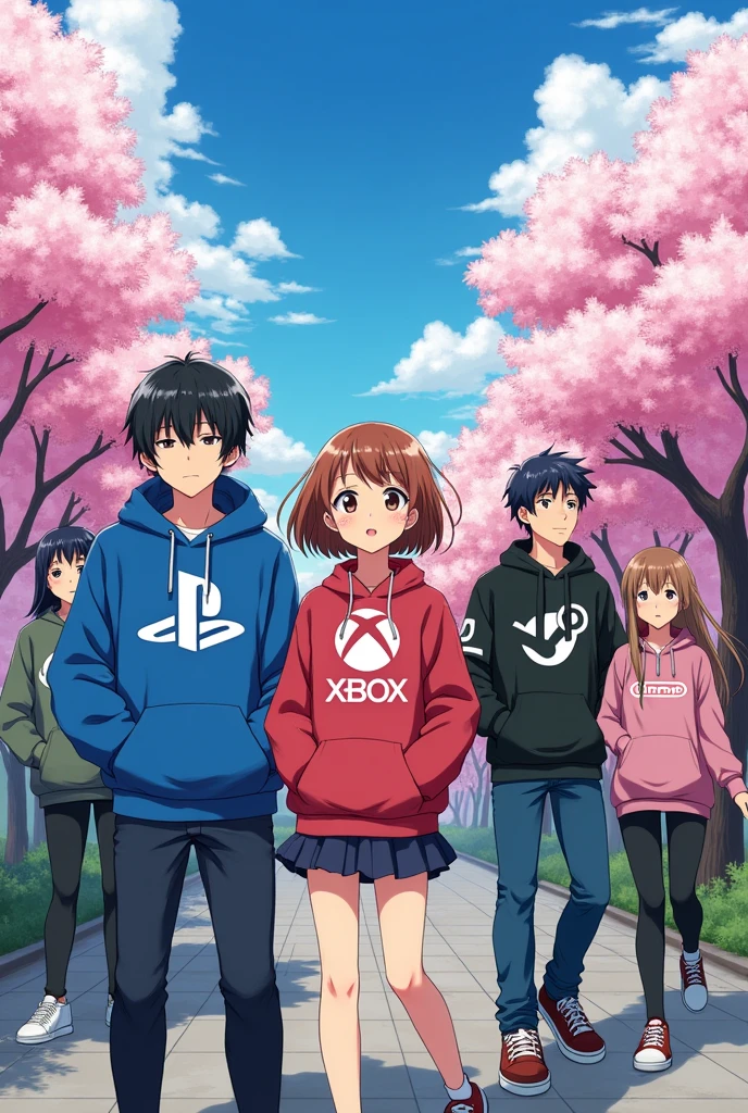 Une fille le logo PlayStation. I'm with a boy who wears the Xbox logo, a girl who wears the Nintendo logo, and a boy friend who wears the Steam logo, manga version.