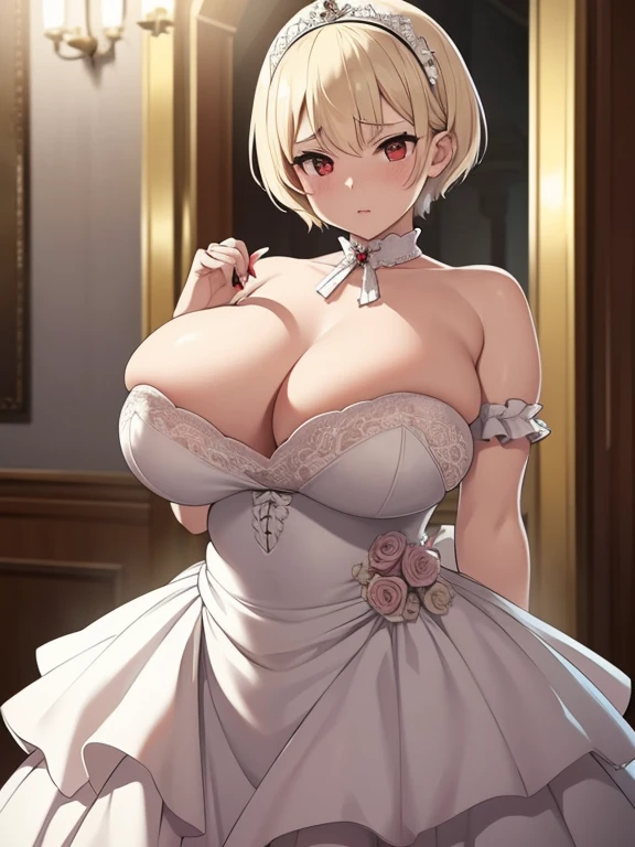 masterpiece,Highest quality,Light blonde short hair。Short Hair。Red Eyes。Droopy eyes。Baby Face。boyish。glamorous。Plump。Big Tits。Very large breasts。Big Tits。Big Boobs。tits。White。White Goth。Frills。Princess Dress。Embarrassed。Bedroom。クソデカtits。。milf。Voluptuous。Super Breasts。Wedding dress。Long Skirt。Large breasts。lure。First Night。tadress。Loliexual intercourse