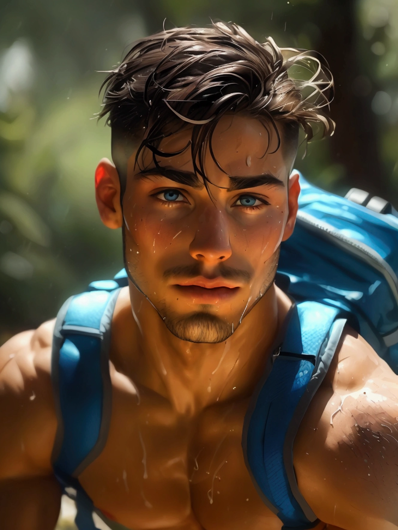 beautifull young stud, 28 years old, wearing wet (thong), (massive bulge), hiking, body hair, sweat, backpack, intricate, perfect body, art, masterpiece, youthfull face, full of energy, athletic, buzzcut, hairy chest