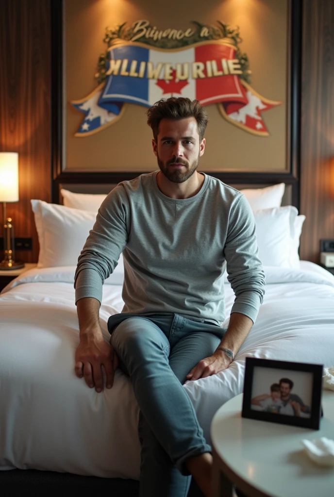 Homme caucasien grand de taille, charmant, un peu costaud, habillé en pantalon et tee-shirt manche longue, assis ou adossé sur une table dans une grande chambre d'hôtel, sur la table qu'il y ait également un papier mouchoir déjà utilisé sur la table et sur le lit de l'hôtel qu'il soit déposer un cadre photo grand ou moyen qu'il est possible de faire arrêter sur le lit et faire face à la caméra et sur le mur du chevet du lit un tableau sur lequel il est écrit en français : Bienvenue à Melbourne AUSTRALIE et autour de la phrase qu'il y ait les emblèmes du Canada Québec ou le drapeau du Canada Québec