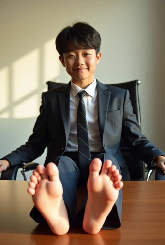 Asian man
Suit and tie
Bare feet
Feet on desk
5 toes each feet
He's ticklish
Focus on his feet
Big feet
Focus on his feet
Show his feet clearly