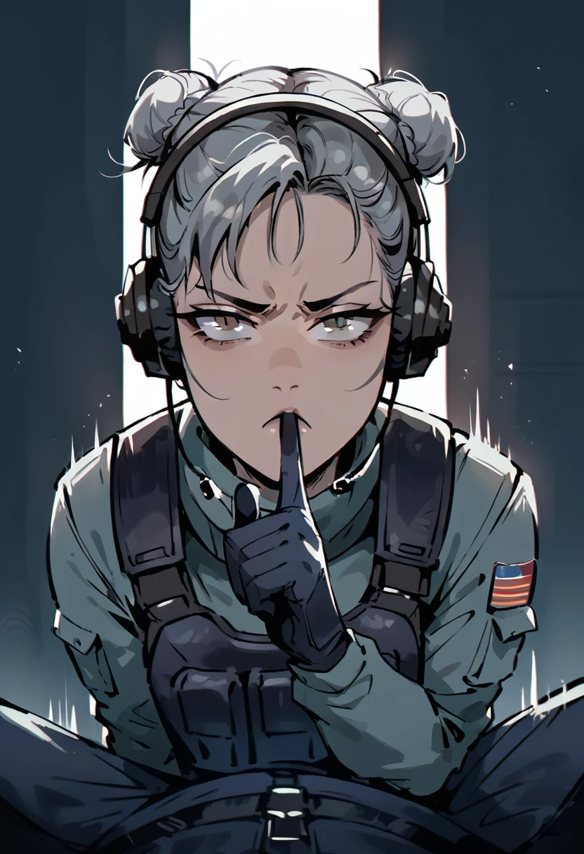 cowgirl pov, full body, shushing gesture, pov stradling the viewer cowgirl position, finger on mouth, asian older woman Special Ops in black tactical stealth suit, slight wrinkles. headphones, serious expression, one messy bun with grey hair, grey eyes, empty dark millitary base background