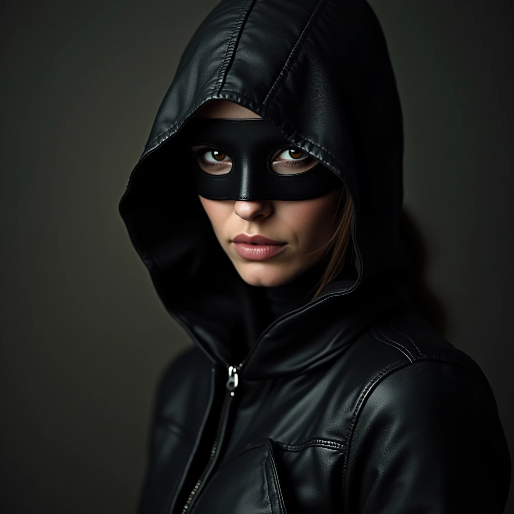 Portrait of a woman wearing a dark leather assassin costume and a mask
