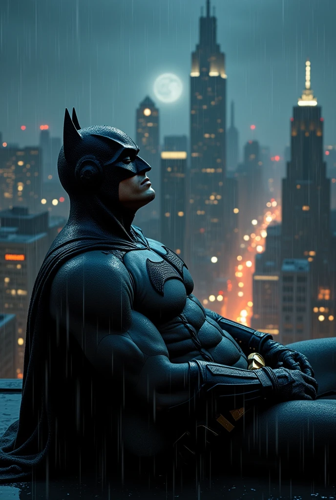 at night Batman just chilling on top of the building listening to music while it's raining heavily. In the background we see city skyline at night. Cozy