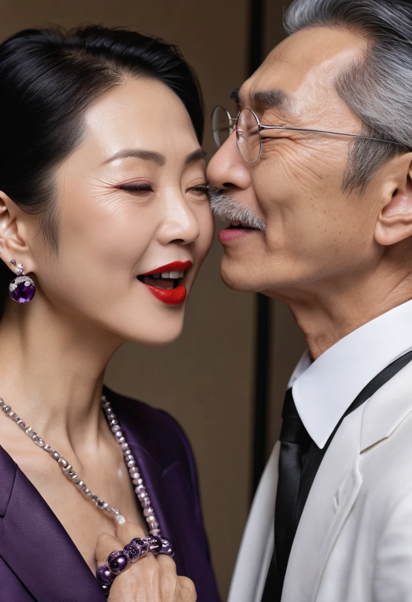 Ultra-Realistic Capture,High Resolution,Masterpiece,PHOTORealistic,Realistic,4k,Older Japanese business woman giving a blowjob to a man's penis while drooling,63 years old,straight black hair,earrings,beautiful skin,wrinkles around the eyes,nasolabial folds,red lipstick,light smile,studded leather collar,deluxe,formal,rich bracelet shiny purple ladies suit,male point of view,looking into the camera,